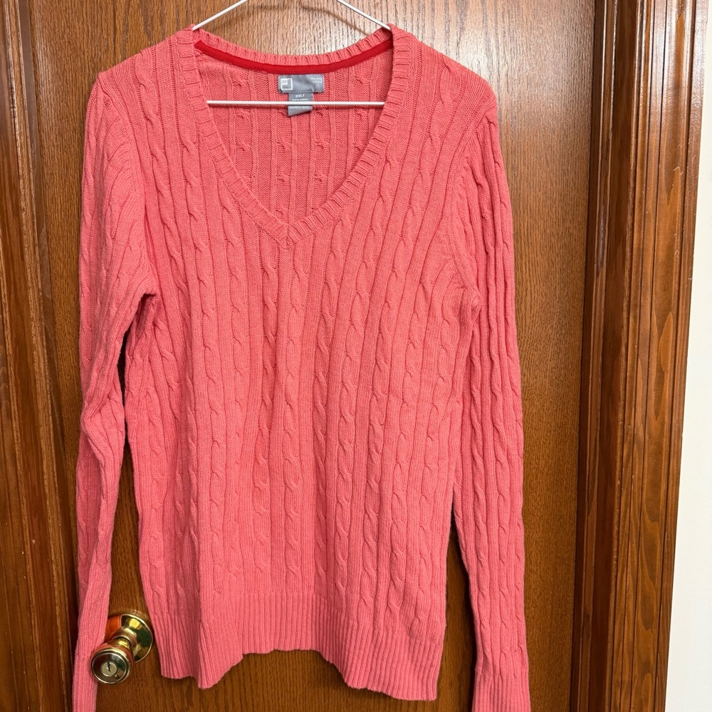 JCPenney Coral V-Neck Cable Merino Blend Knit Sweater